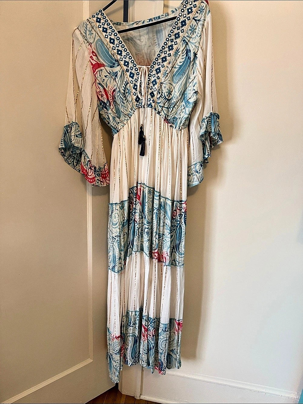 Paisley Embellished Maxi Dress in Blue & White Like New